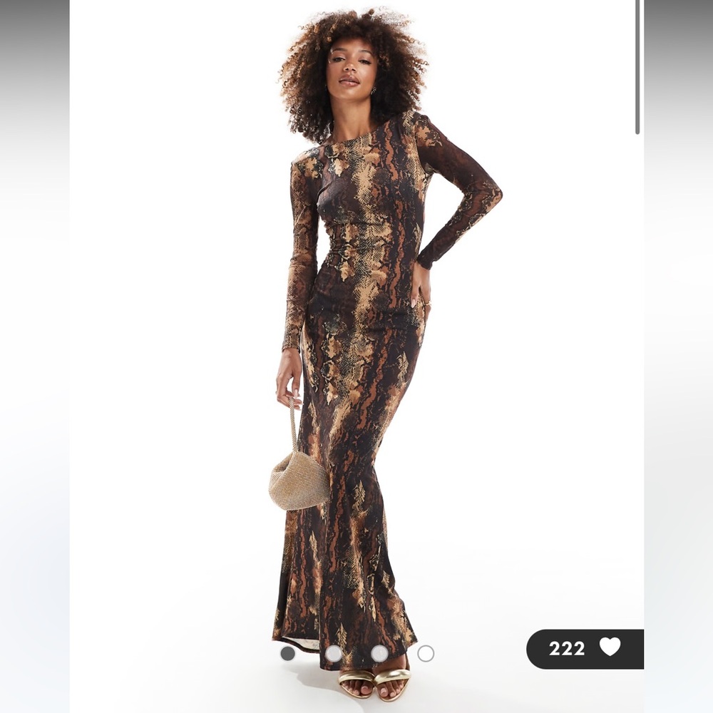 Flounce London sheer sleeve maxi dress with fishtail in snake print